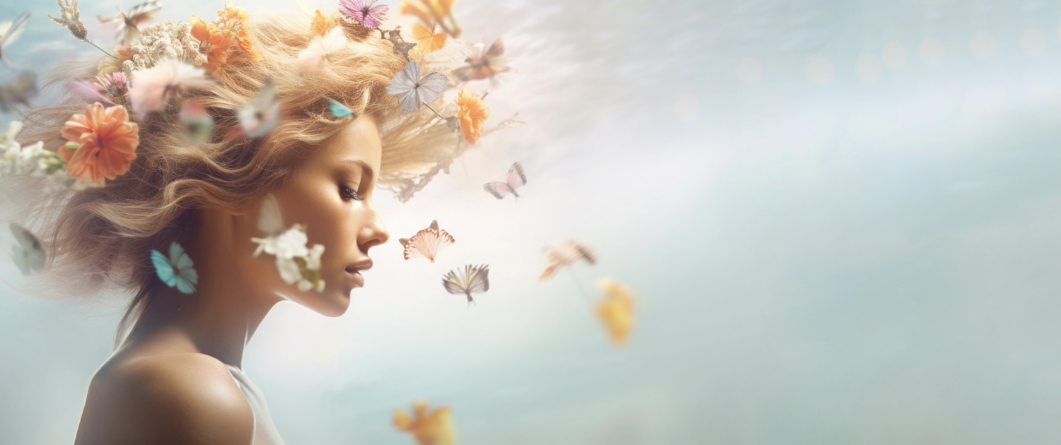 Creative fashion portrait of woman with flowers background. Generative AI