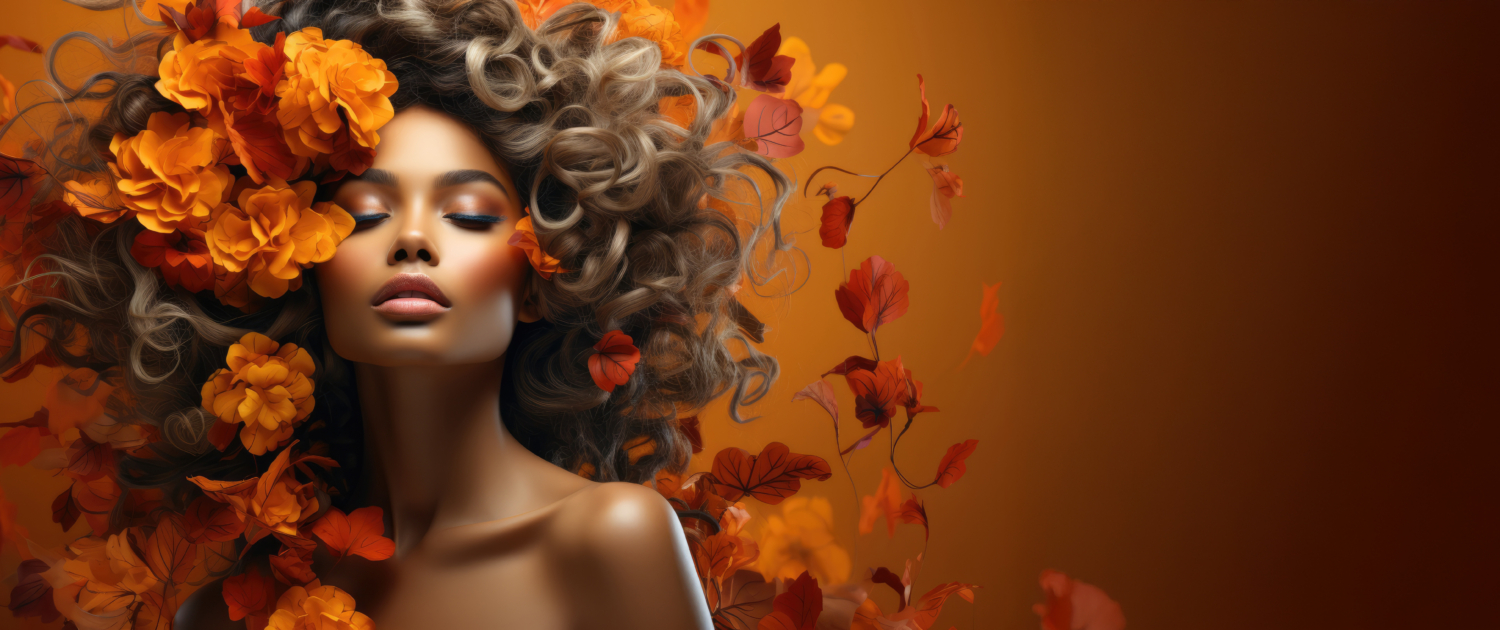 Autumn beautiful woman with orange leaves on head